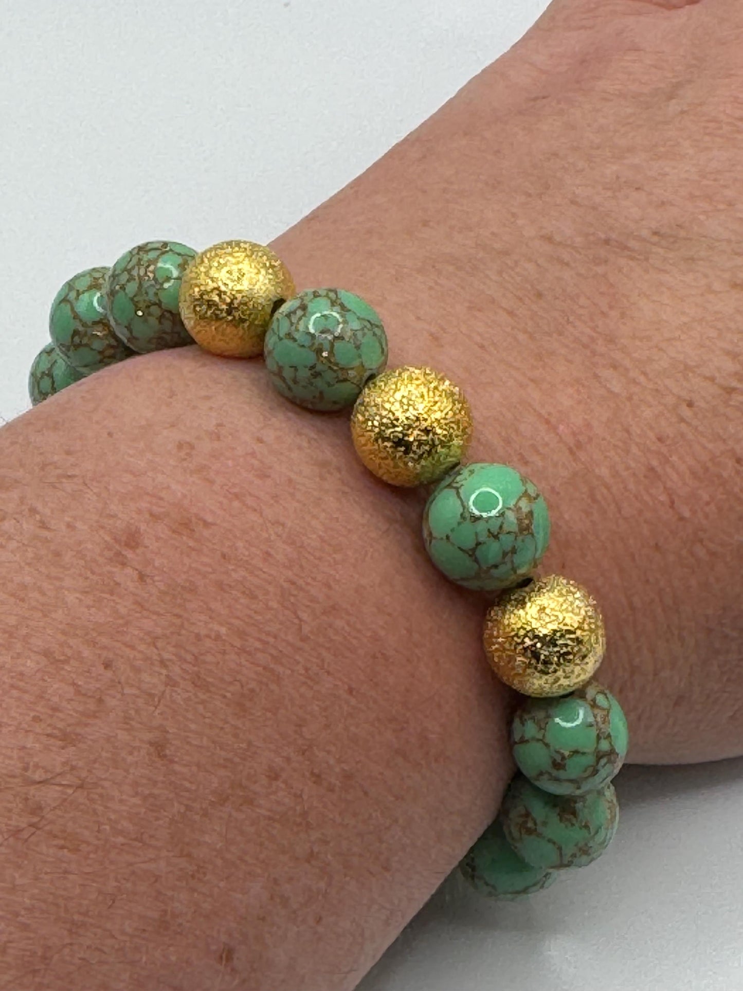 Green And Gold Beaded Bracelet with Gold Textured Beads | Handmade Stretch Bracelet | Boho Jewellery Gift for Her