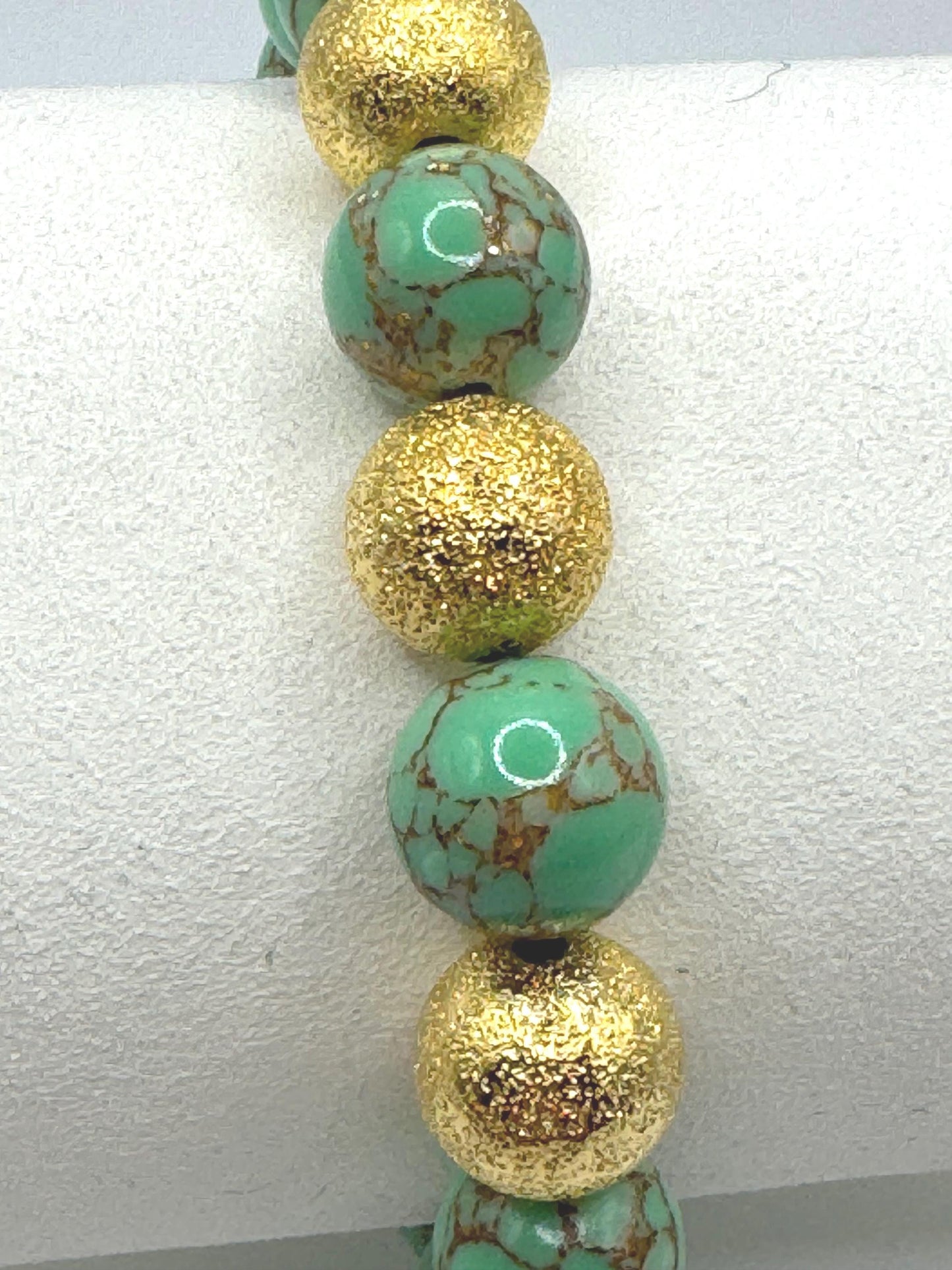 Green And Gold Beaded Bracelet with Gold Textured Beads | Handmade Stretch Bracelet | Boho Jewellery Gift for Her