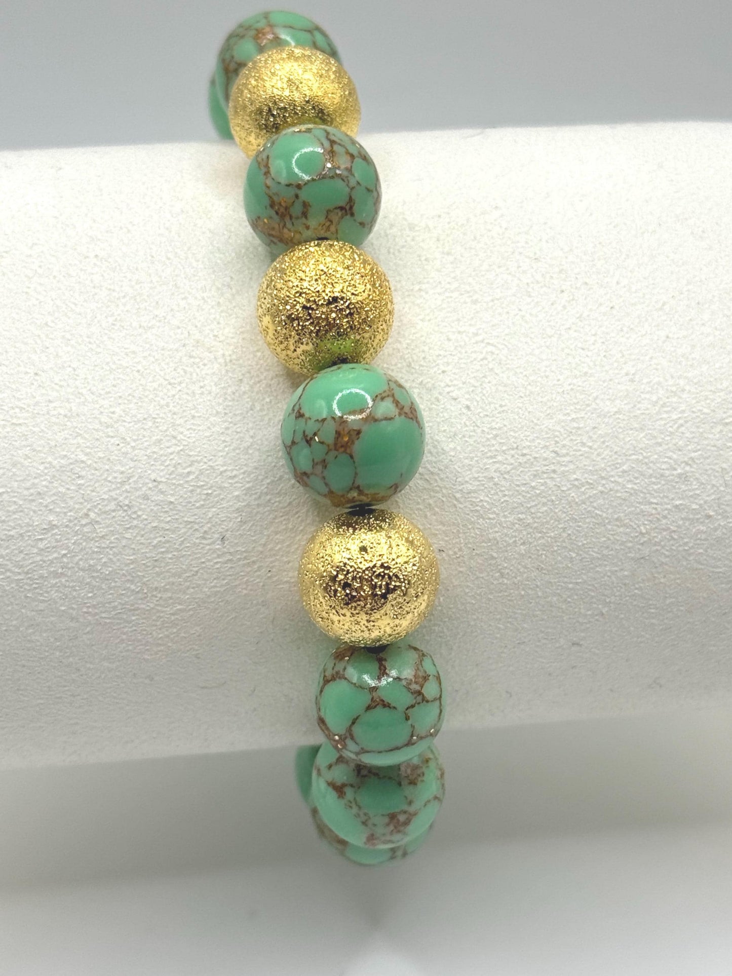 Green And Gold Beaded Bracelet with Gold Textured Beads | Handmade Stretch Bracelet | Boho Jewellery Gift for Her