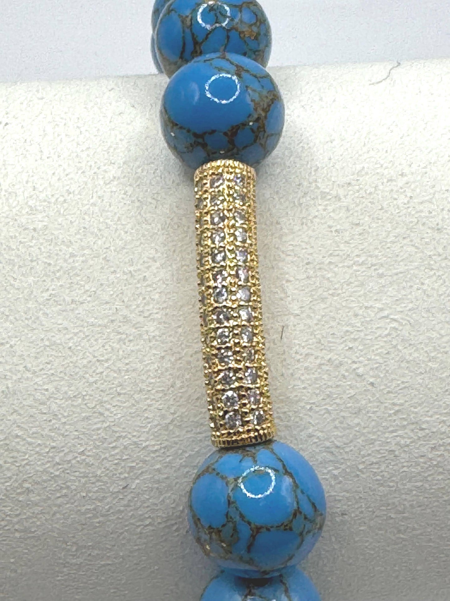 Blue Beaded Bracelet with Gold Rhinestone Bar | Handmade Stretch Bracelet | Blue Gemstone Jewelry | Gift for Her