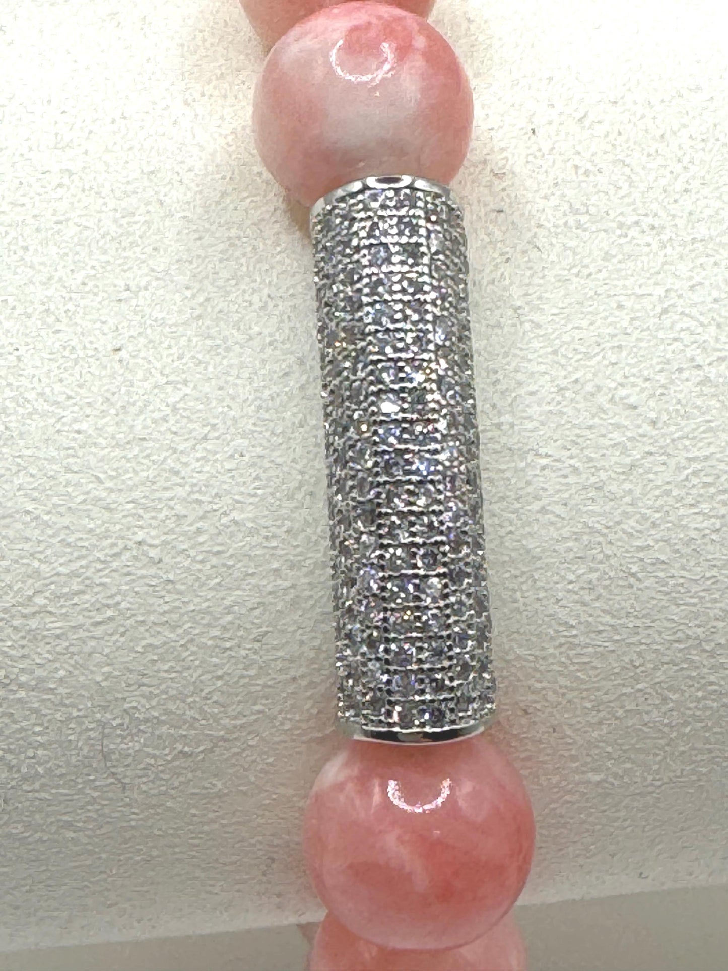 Luxury Pink Rhodochrosite Bracelet with Pave CZ Accent – Elegant Gemstone Jewelry for Women – High-End Beaded Stretch Bracelet Gift