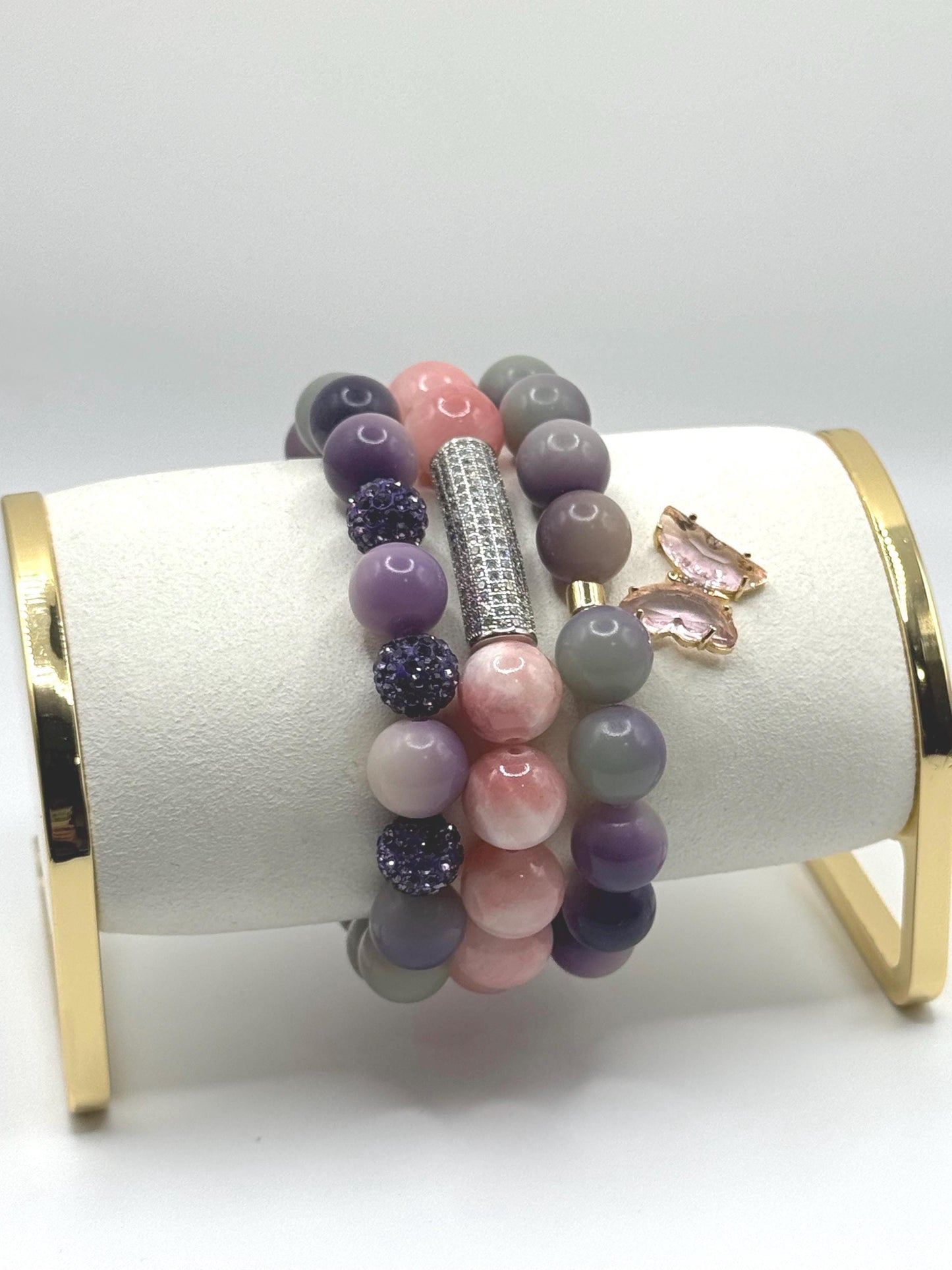 Luxury Pink Rhodochrosite Bracelet with Pave CZ Accent – Elegant Gemstone Jewelry for Women – High-End Beaded Stretch Bracelet Gift