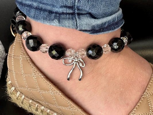 Black Beaded Anklet with Swarovski Crystals and Silver Bow Charm – Elegant Handmade Jewelry for Women, Gift for Her”
