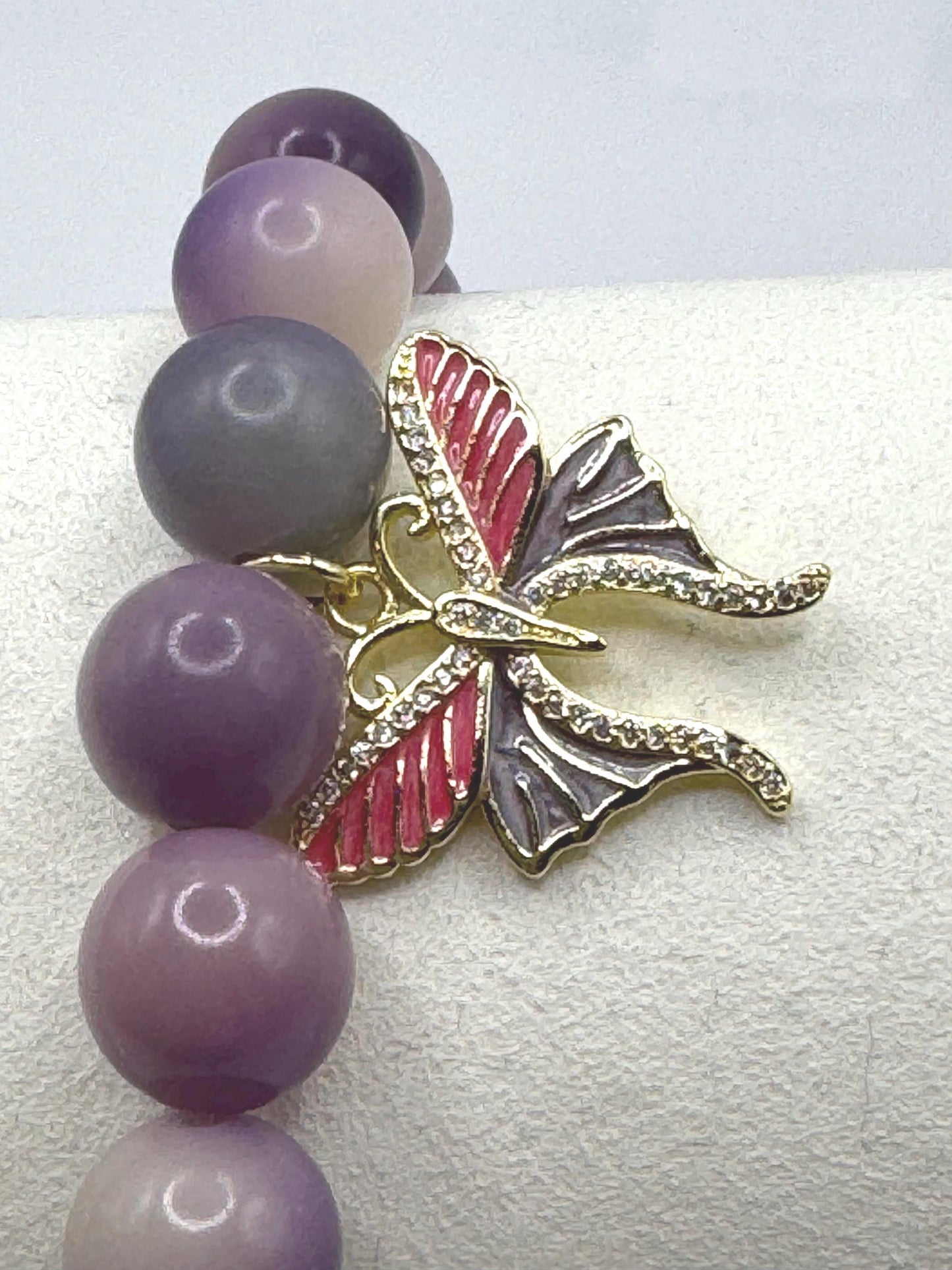 Purple Beaded Bracelet with Butterfly Charm – Handmade Jewellery Gift for Her