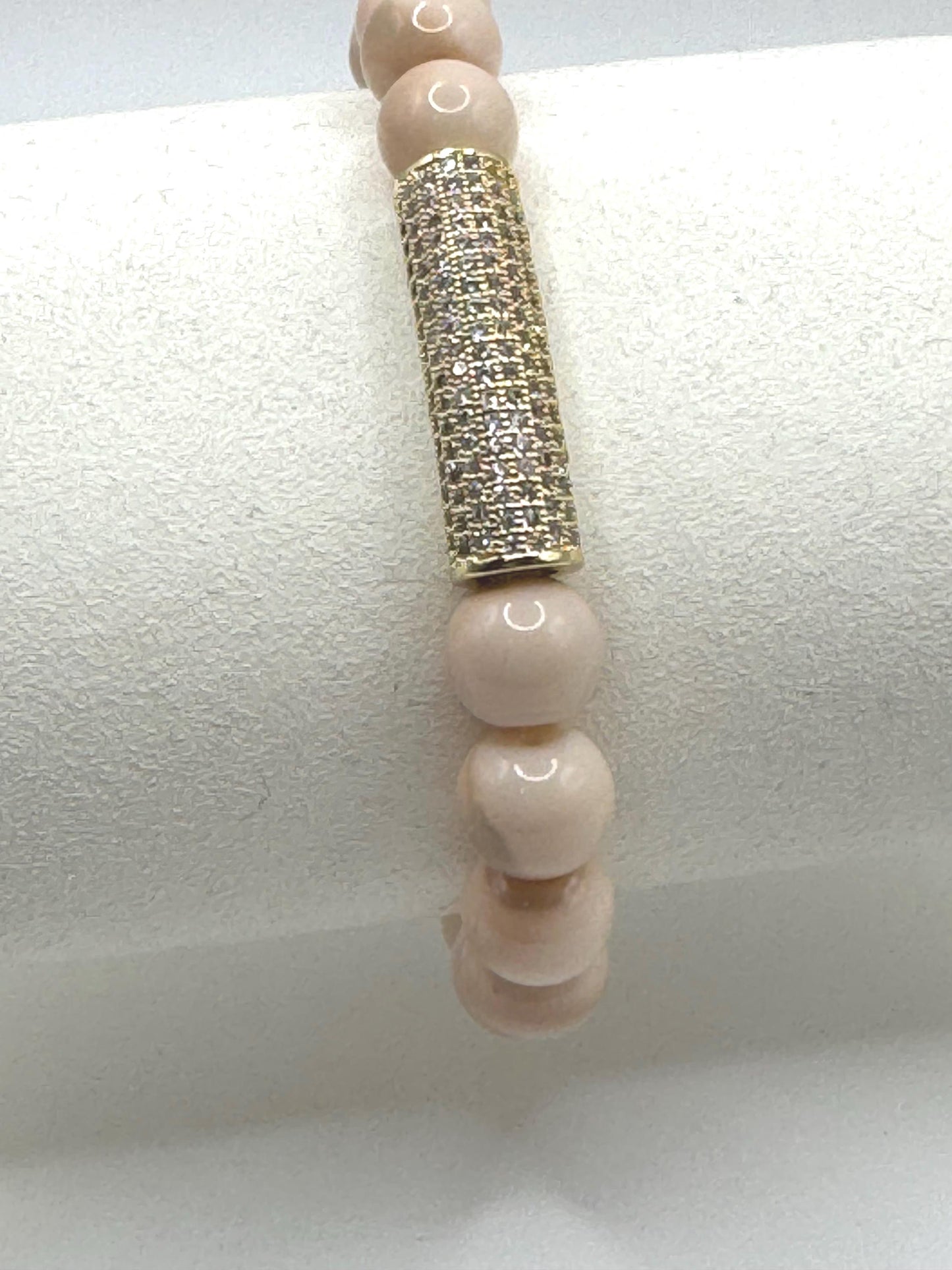 Nude Beaded Bracelet with Rhinestone Bar – Elegant Stretch Bracelet – Minimalist Jewelry for Women