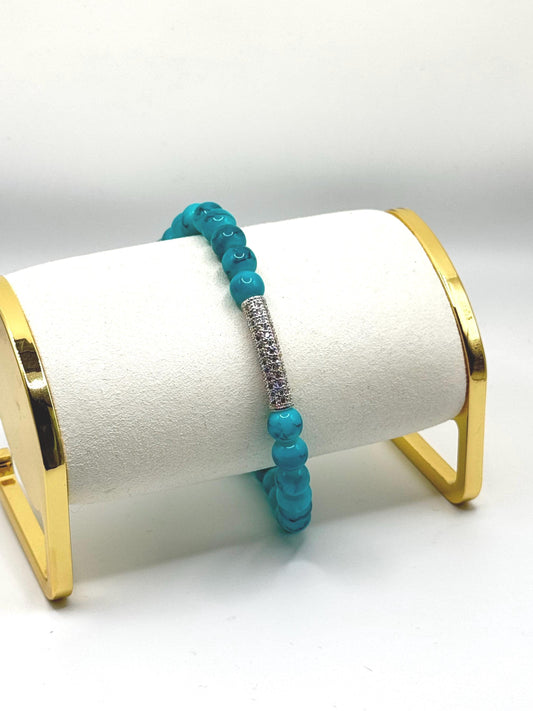 Turquoise Beaded Anklet with Crystal Bar | Summer Beach Jewelry | Stretch Anklet for Women | Boho Style Foot Bracelet