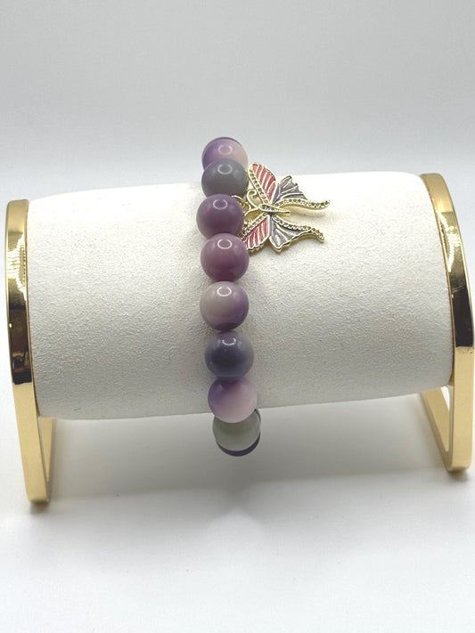 Purple Beaded Bracelet with Butterfly Charm – Handmade Jewellery Gift for Her
