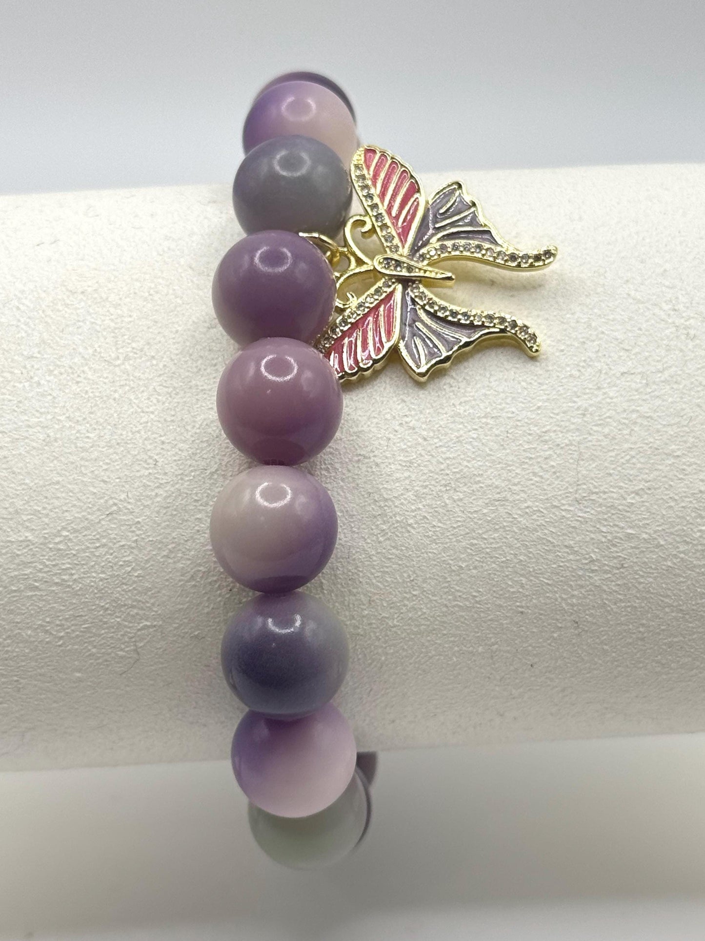 Purple Beaded Bracelet with Butterfly Charm – Handmade Jewellery Gift for Her