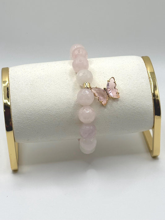 Pink Beaded Bracelet with Butterfly Charm – Handmade Jewellery Gift for Her