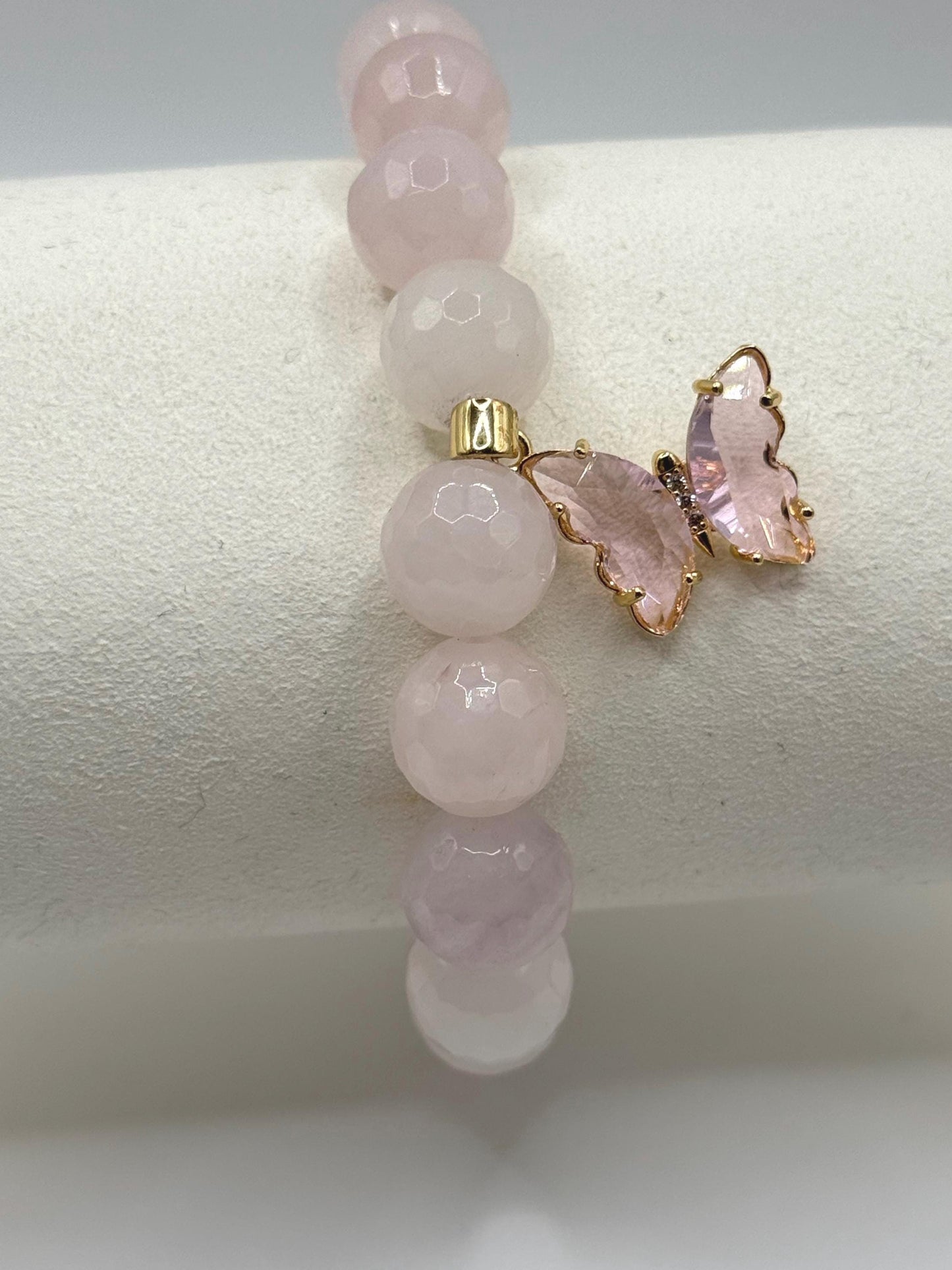 Pink Beaded Bracelet with Butterfly Charm – Handmade Jewellery Gift for Her