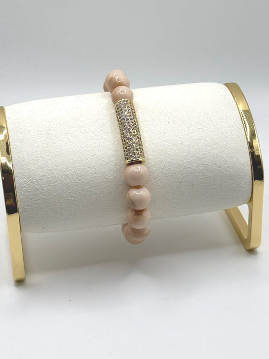 Nude Beaded Bracelet with Rhinestone Bar – Elegant Stretch Bracelet – Minimalist Jewelry for Women