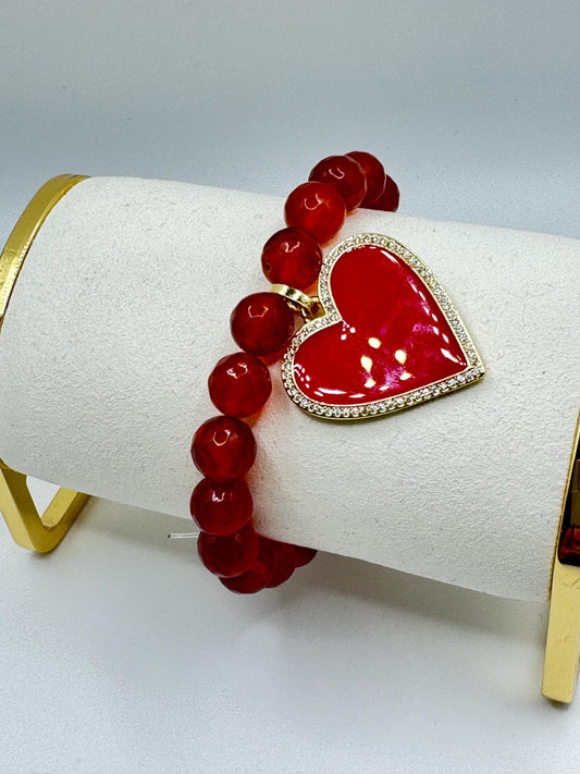 Elegant Red Beaded Bracelet with Gold Heart Pendant – Luxe Handmade Gift for Women, Statement Jewellery