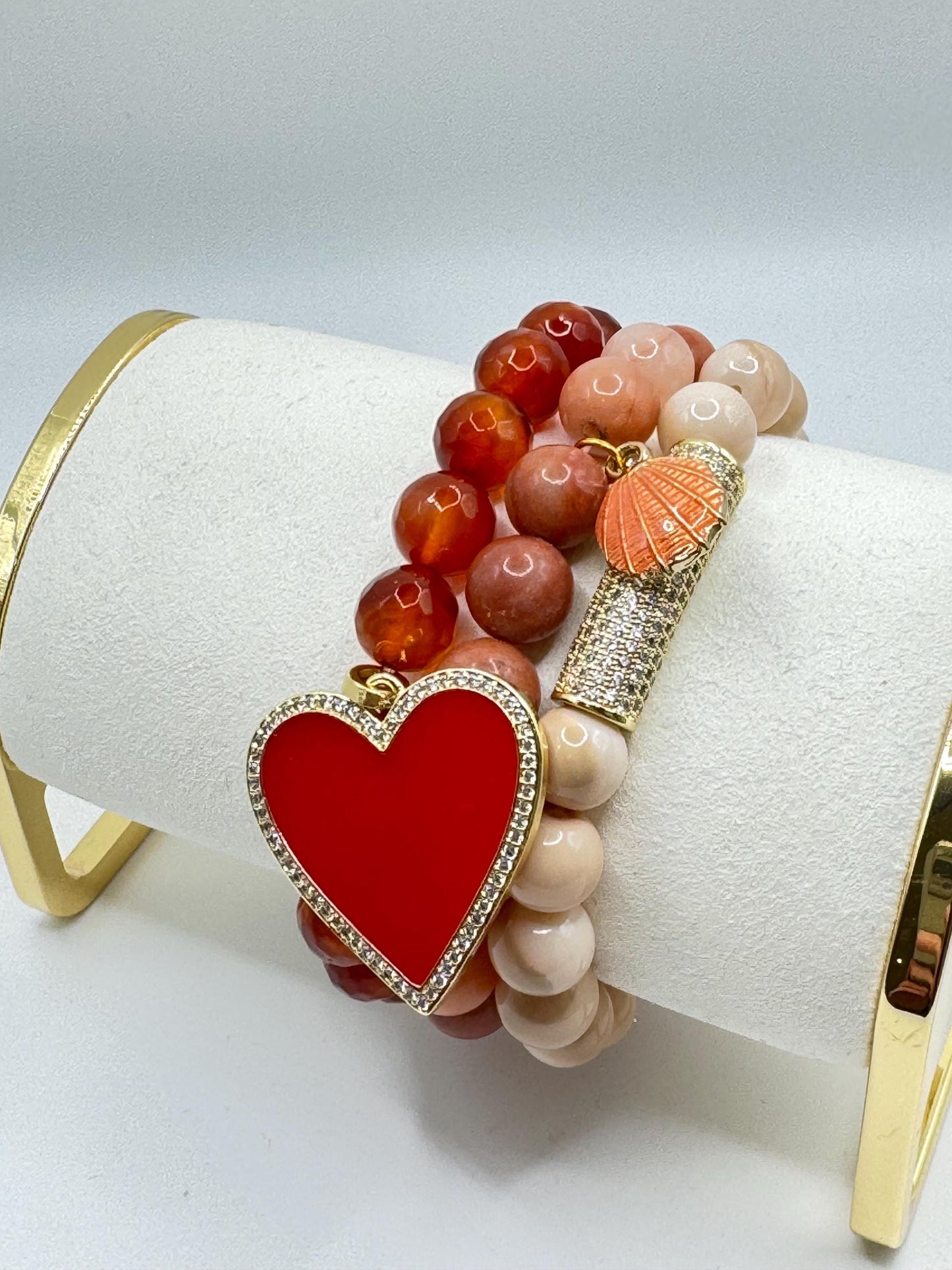 Elegant Red Beaded Bracelet with Gold Heart Pendant – Luxe Handmade Gift for Women, Statement Jewellery