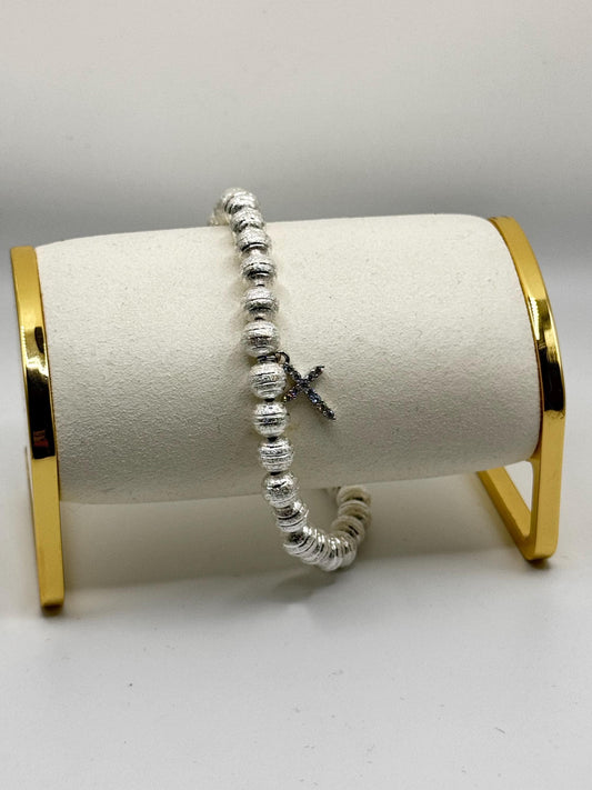 Silver Beaded Anklet with Rhinestone Cross Charm, Religious Ankle Bracelet, Christian Jewellery, Sparkly Summer Footwear Accessory