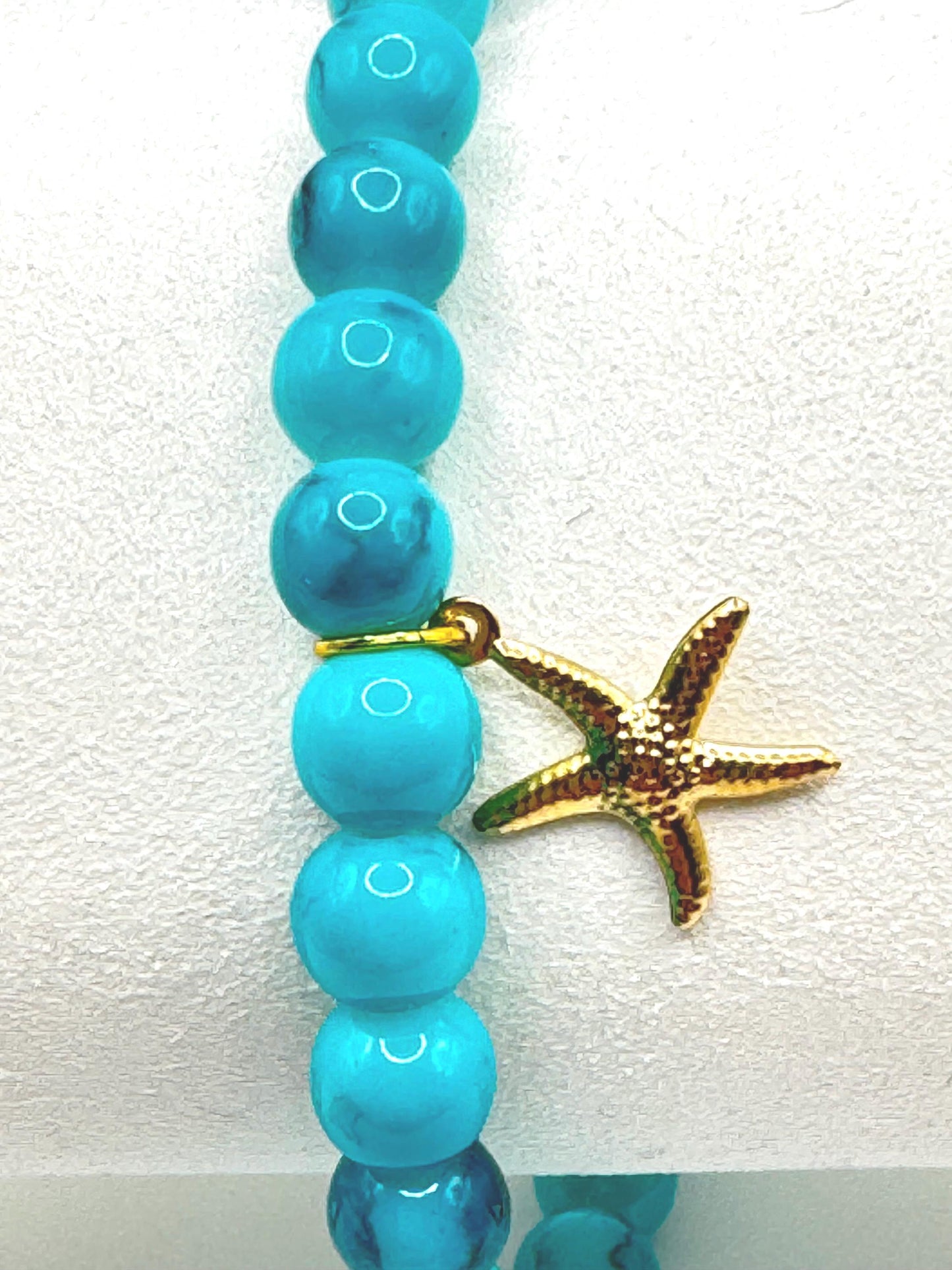 Turquoise Beaded Anklet with Gold Starfish Charm – Boho Beach Jewelry, Summer Anklet for Women